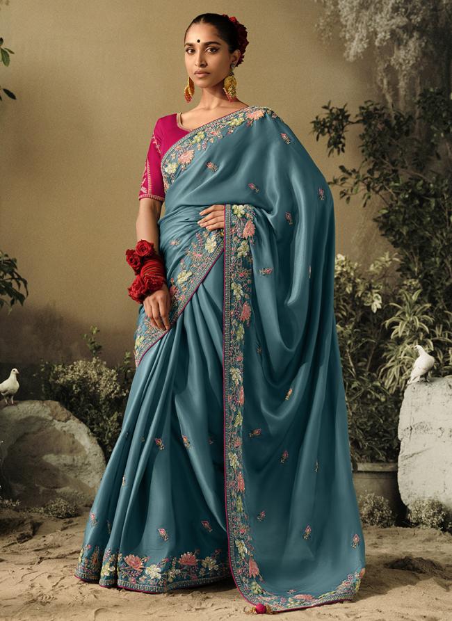 Pure Fancy Fabric Teal Blue Wedding Wear Heavy Embroidery Work Saree